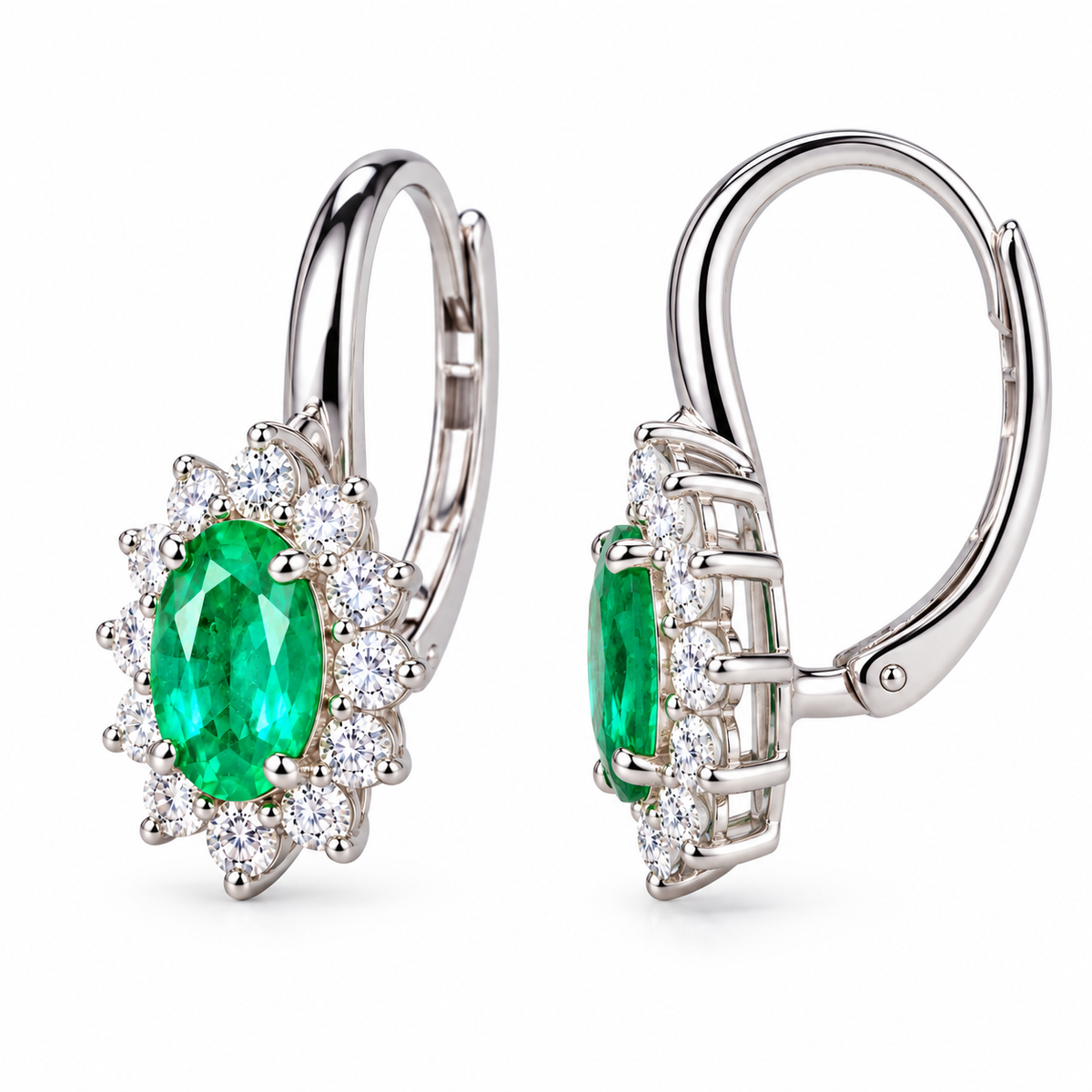 Natural Emerald 4x5mm Oval Halo Huggie Hoop Earrings in 925 Sterling Silver with CZ