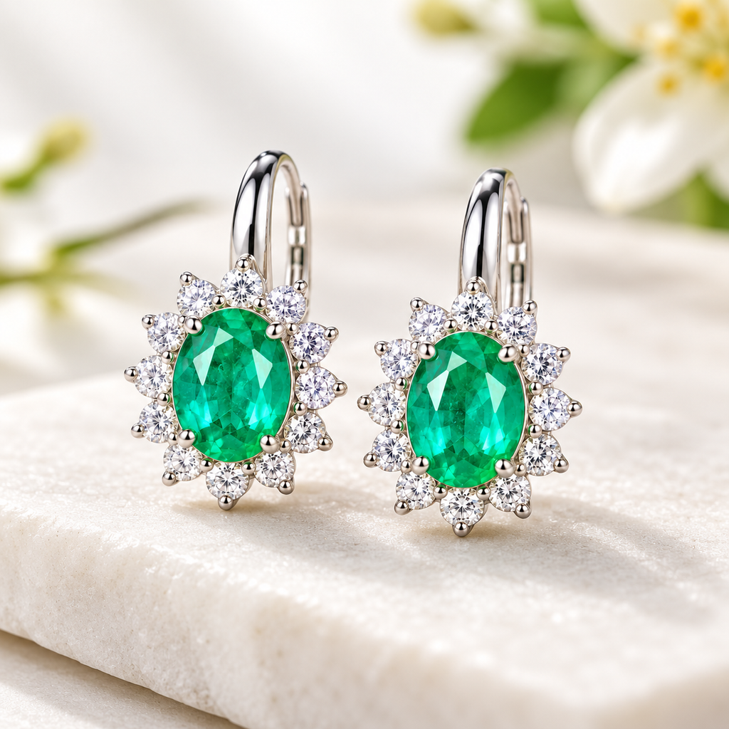 Natural Emerald 4x5mm Oval Halo Huggie Hoop Earrings in 925 Sterling Silver with CZ
