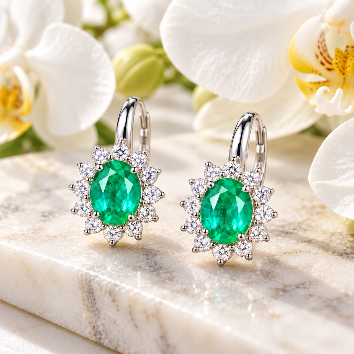 Natural Emerald 4x5mm Oval Halo Huggie Hoop Earrings in 925 Sterling Silver with CZ
