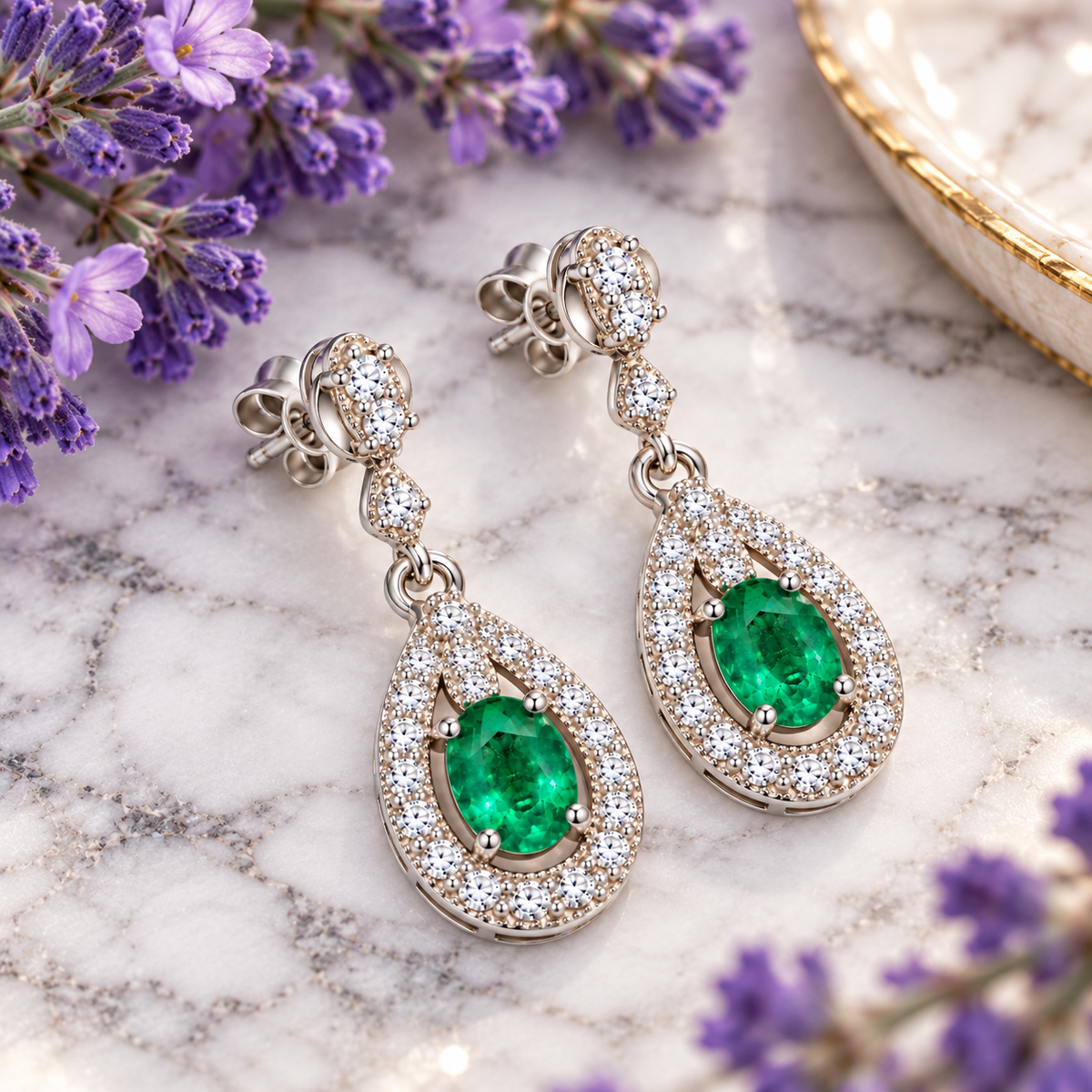 Natural Emerald 4x5mm Oval Teardrop Halo Dangle Earrings in 925 Sterling Silver with CZ
