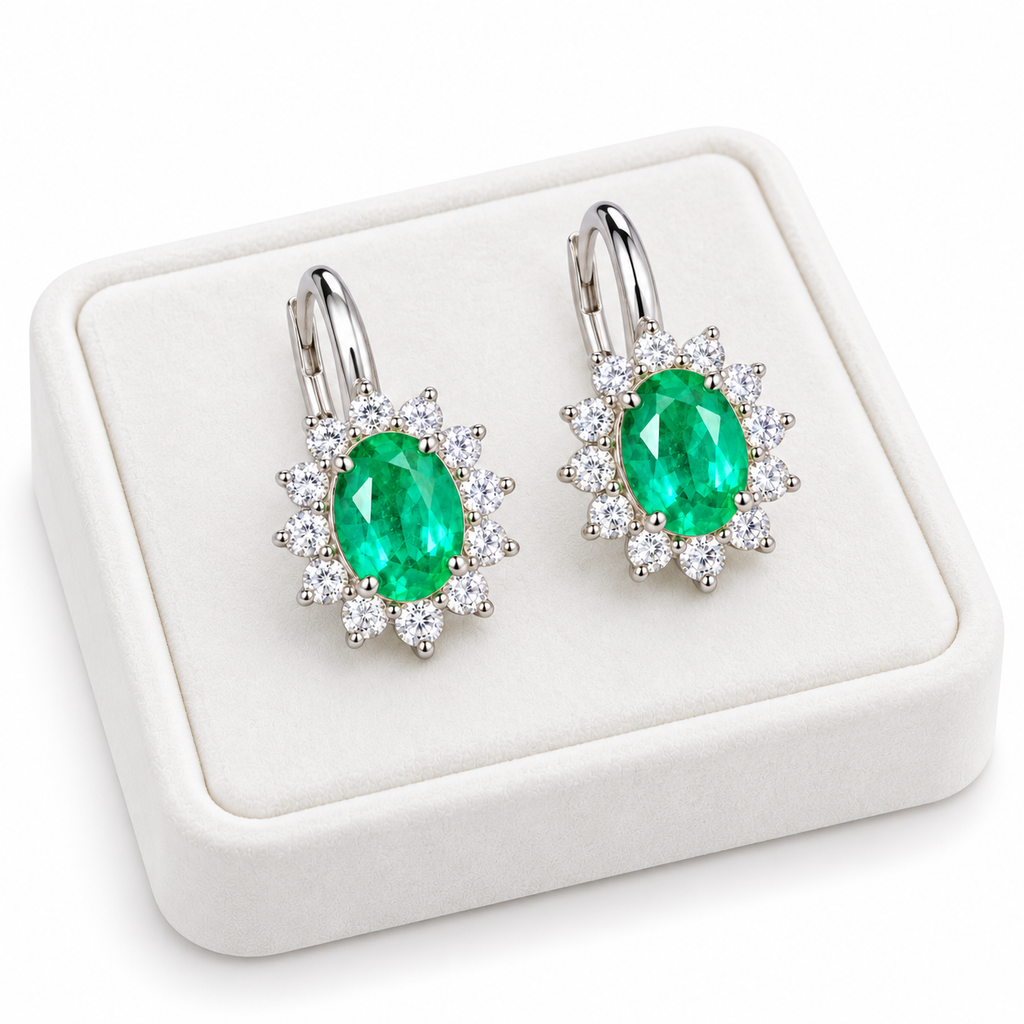 Natural Emerald 4x5mm Oval Halo Huggie Hoop Earrings in 925 Sterling Silver with CZ
