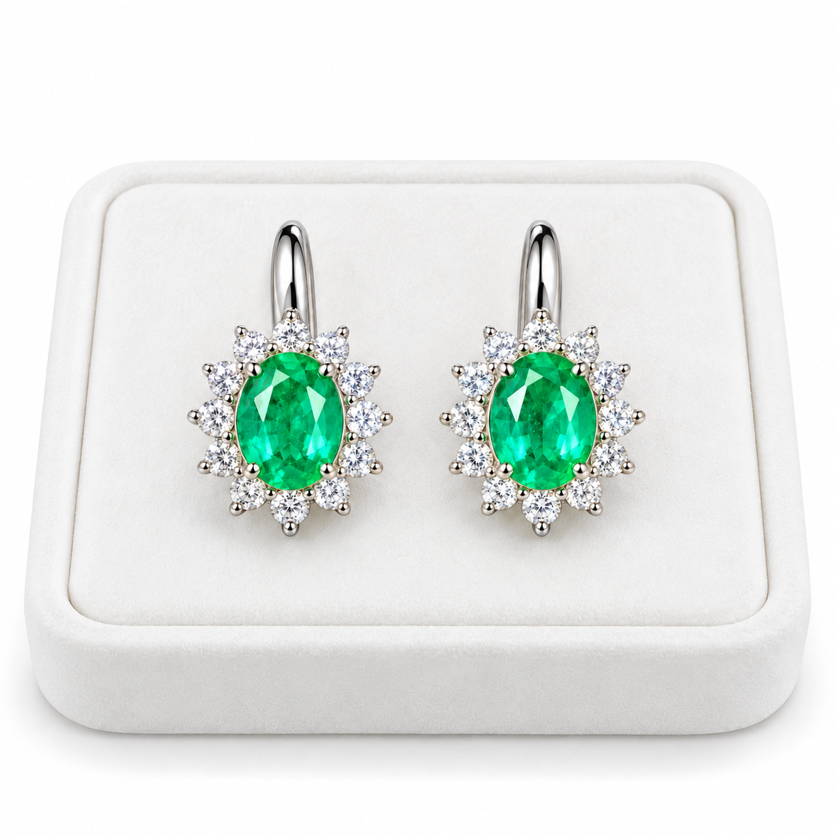 Natural Emerald 4x5mm Oval Halo Huggie Hoop Earrings in 925 Sterling Silver with CZ