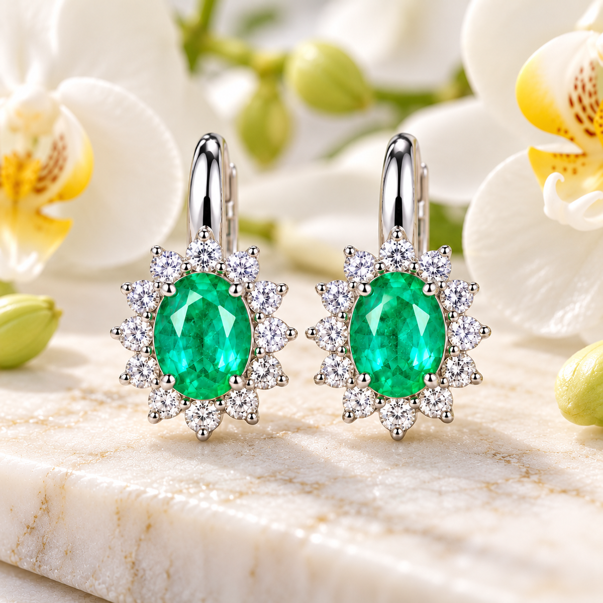 Natural Emerald 4x5mm Oval Halo Huggie Hoop Earrings in 925 Sterling Silver with CZ