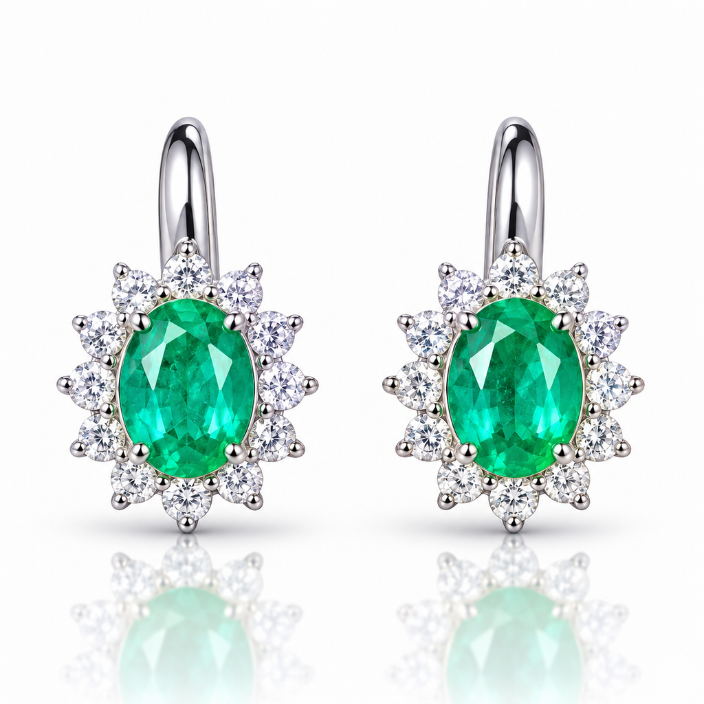 Natural Emerald 4x5mm Oval Halo Huggie Hoop Earrings in 925 Sterling Silver with CZ