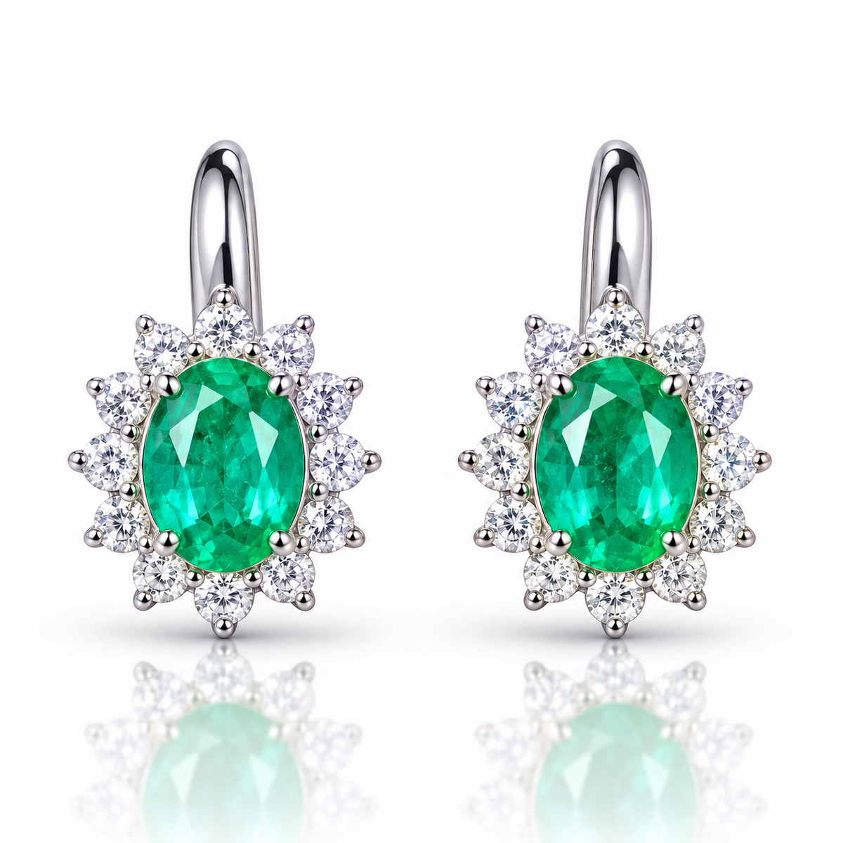 Natural Emerald 4x5mm Oval Halo Huggie Hoop Earrings in 925 Sterling Silver with CZ