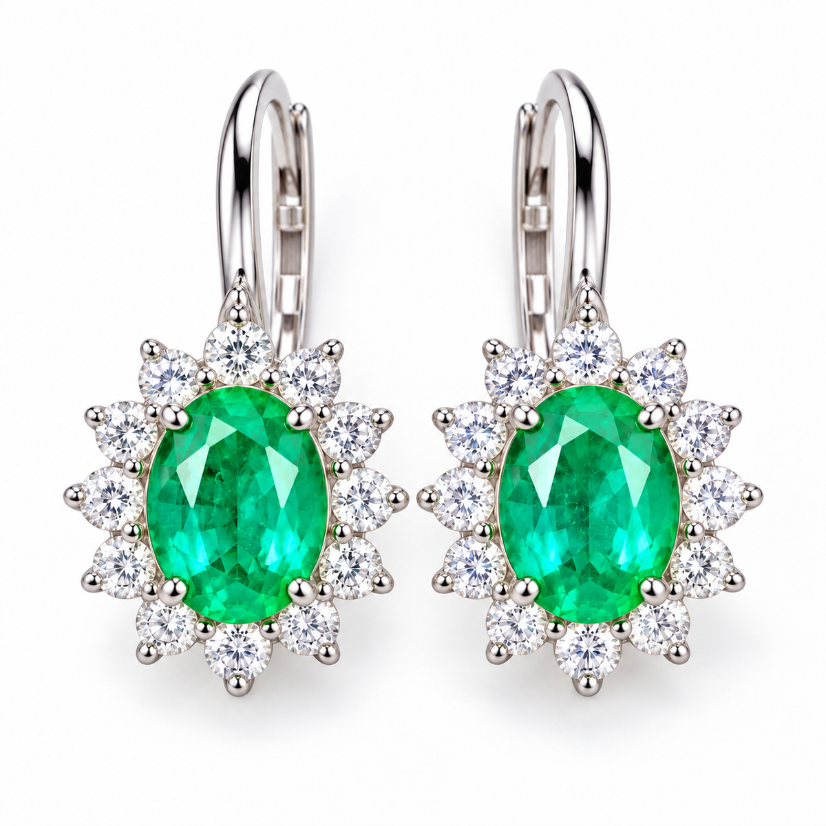 Natural Emerald 4x5mm Oval Halo Huggie Hoop Earrings in 925 Sterling Silver with CZ