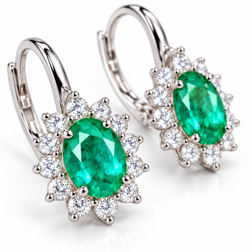 Natural Emerald 4x5mm Oval Halo Huggie Hoop Earrings in 925 Sterling Silver with CZ