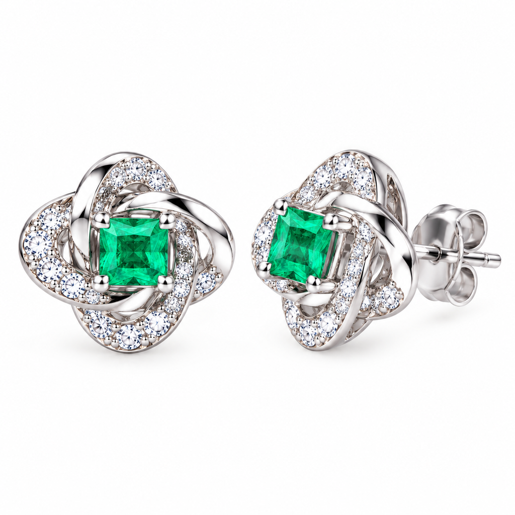 Natural Emerald 3mm Square Cut Clover Knot Stud Earrings in 925 Sterling Silver
