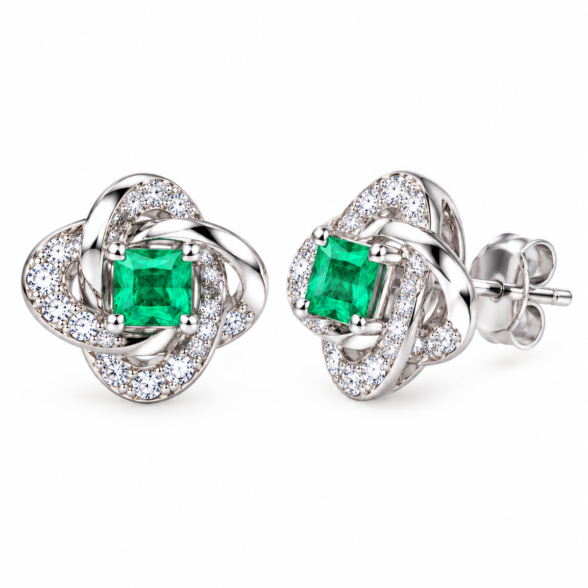 Natural Emerald 3mm Square Cut Clover Knot Stud Earrings in 925 Sterling Silver