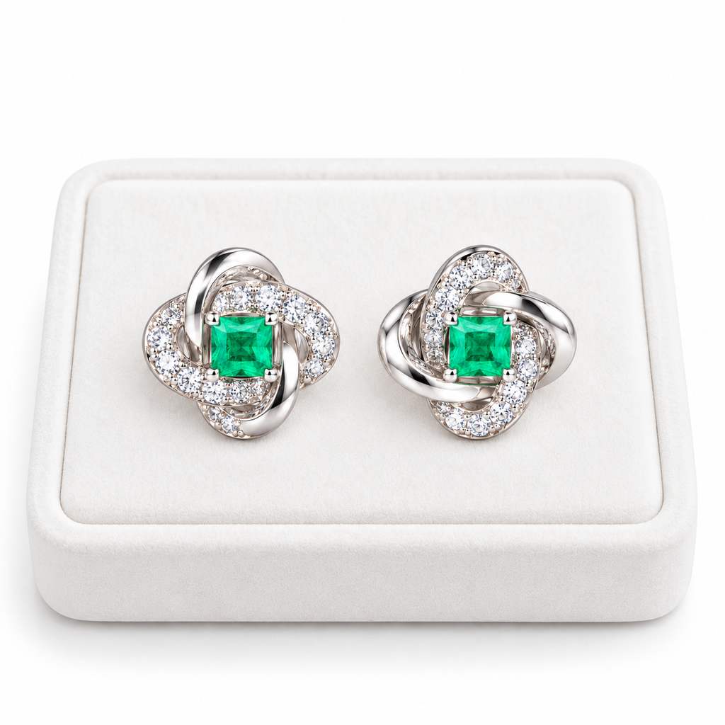 Natural Emerald 3mm Square Cut Clover Knot Stud Earrings in 925 Sterling Silver