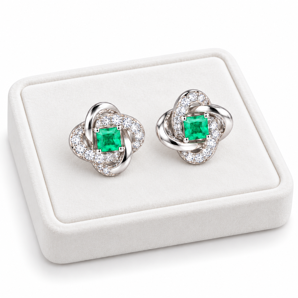 Natural Emerald 3mm Square Cut Clover Knot Stud Earrings in 925 Sterling Silver