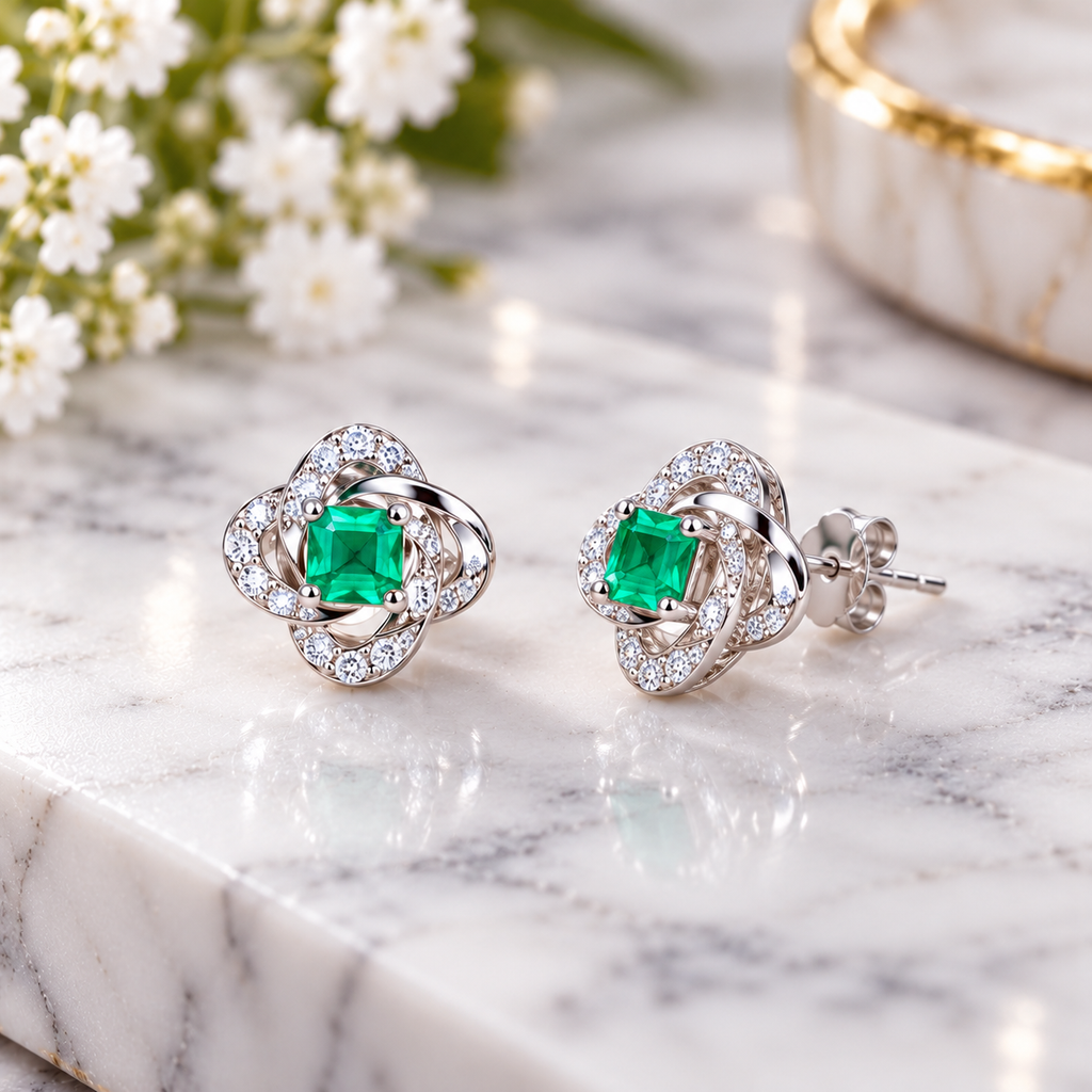 Natural Emerald 3mm Square Cut Clover Knot Stud Earrings in 925 Sterling Silver