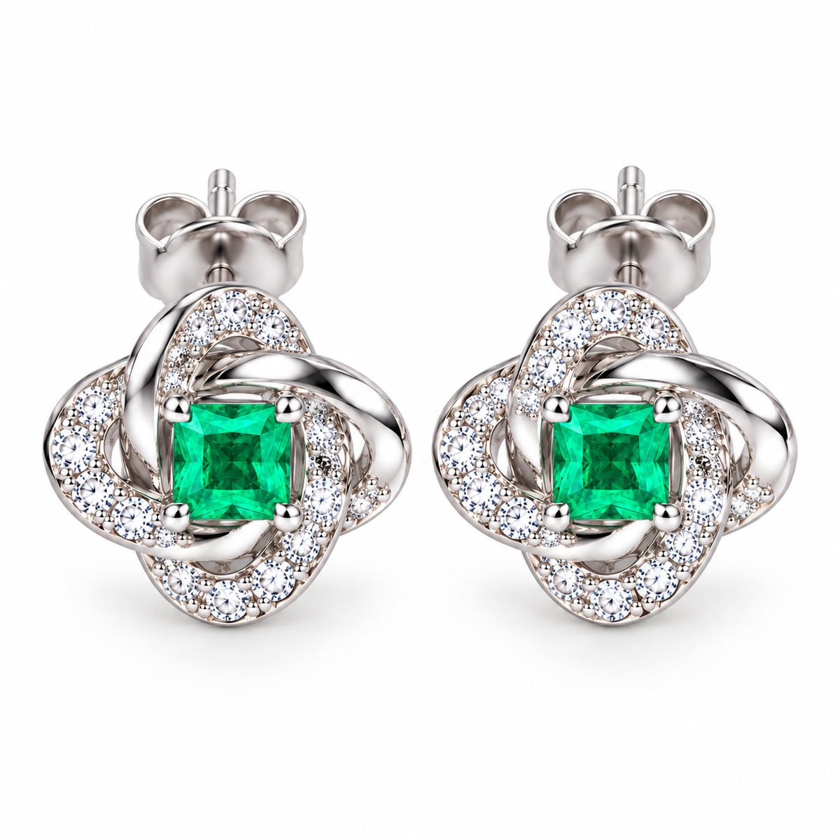 Natural Emerald 3mm Square Cut Clover Knot Stud Earrings in 925 Sterling Silver
