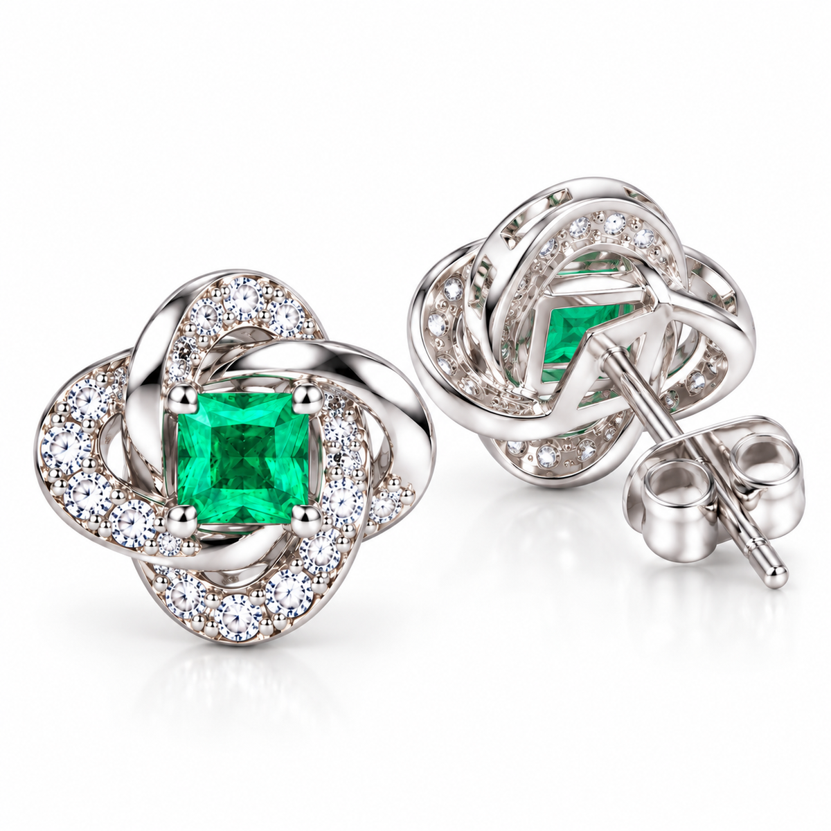 Natural Emerald 3mm Square Cut Clover Knot Stud Earrings in 925 Sterling Silver