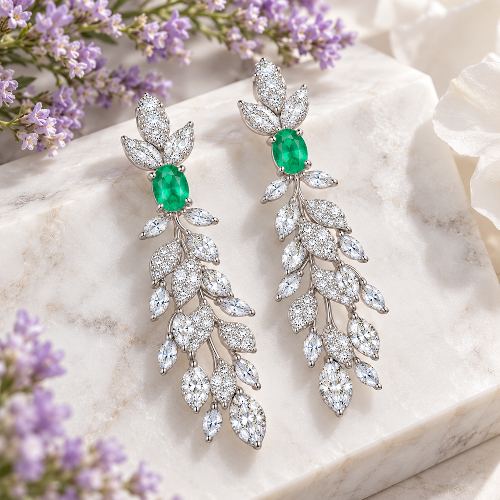 Natural Emerald 4x6mm Oval Leaf Chandelier Dangle Earrings in 925 Sterling Silver