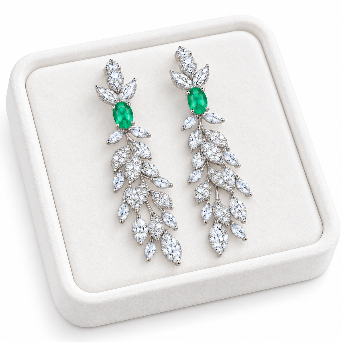 Natural Emerald 4x6mm Oval Leaf Chandelier Dangle Earrings in 925 Sterling Silver