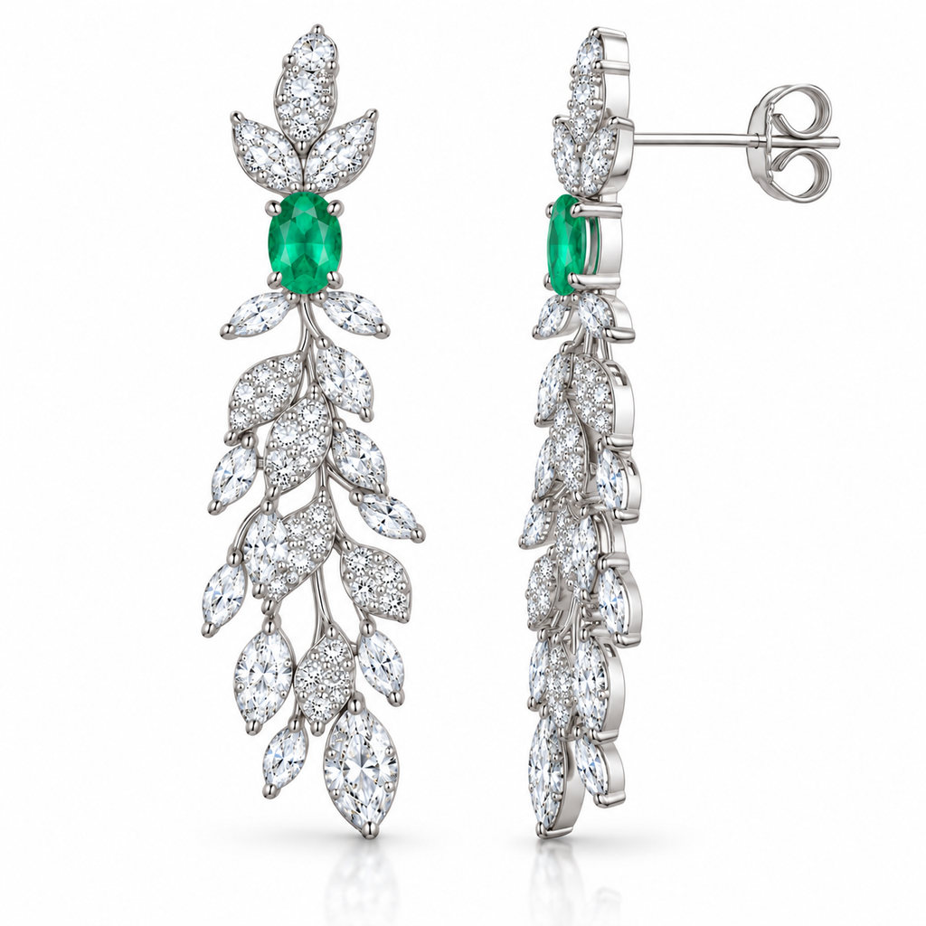 Natural Emerald 4x6mm Oval Leaf Chandelier Dangle Earrings in 925 Sterling Silver