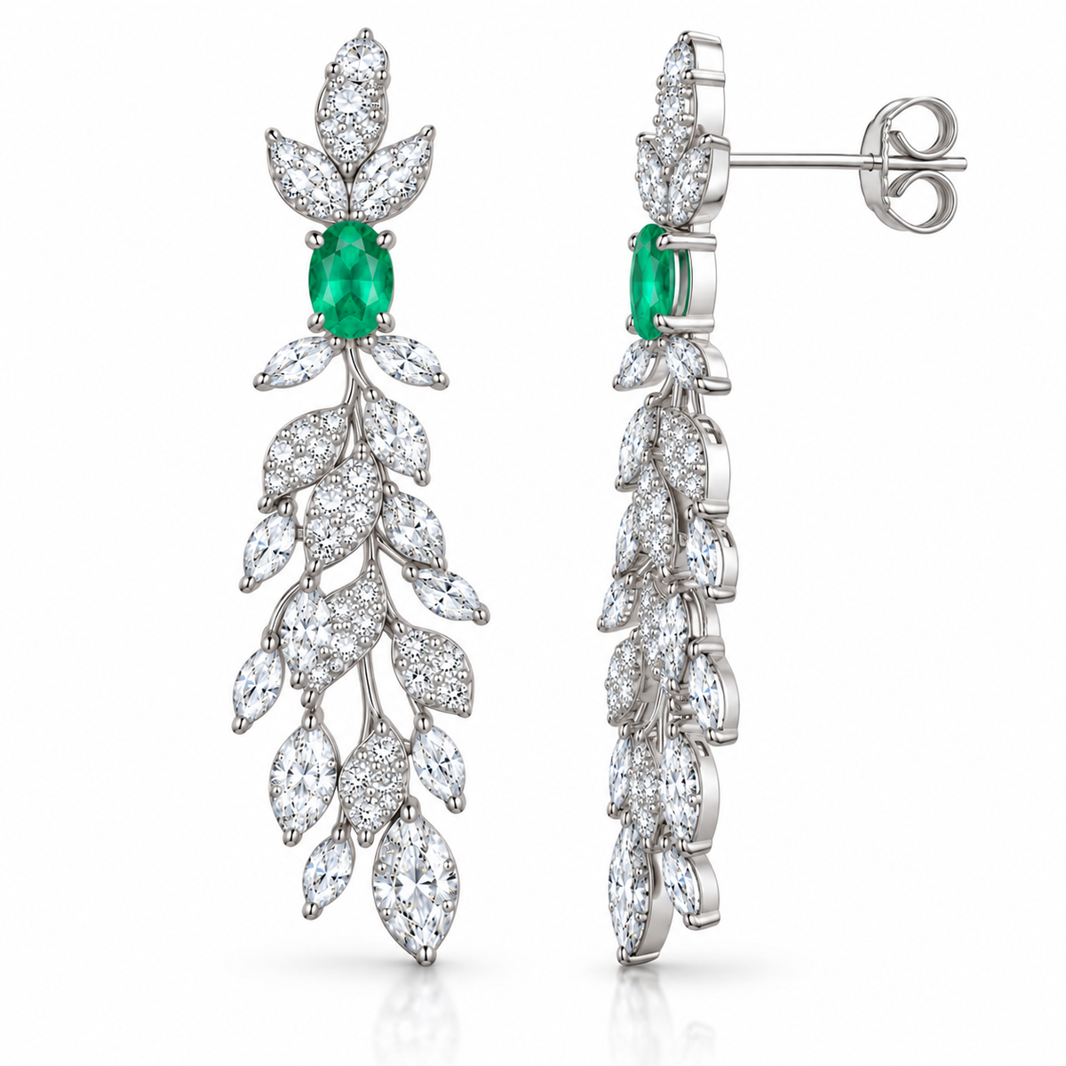 Natural Emerald 4x6mm Oval Leaf Chandelier Dangle Earrings in 925 Sterling Silver
