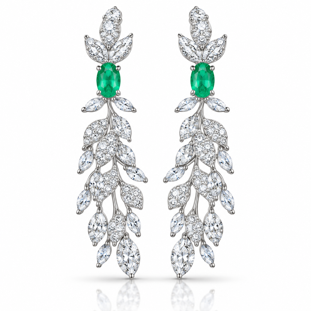 Natural Emerald 4x6mm Oval Leaf Chandelier Dangle Earrings in 925 Sterling Silver