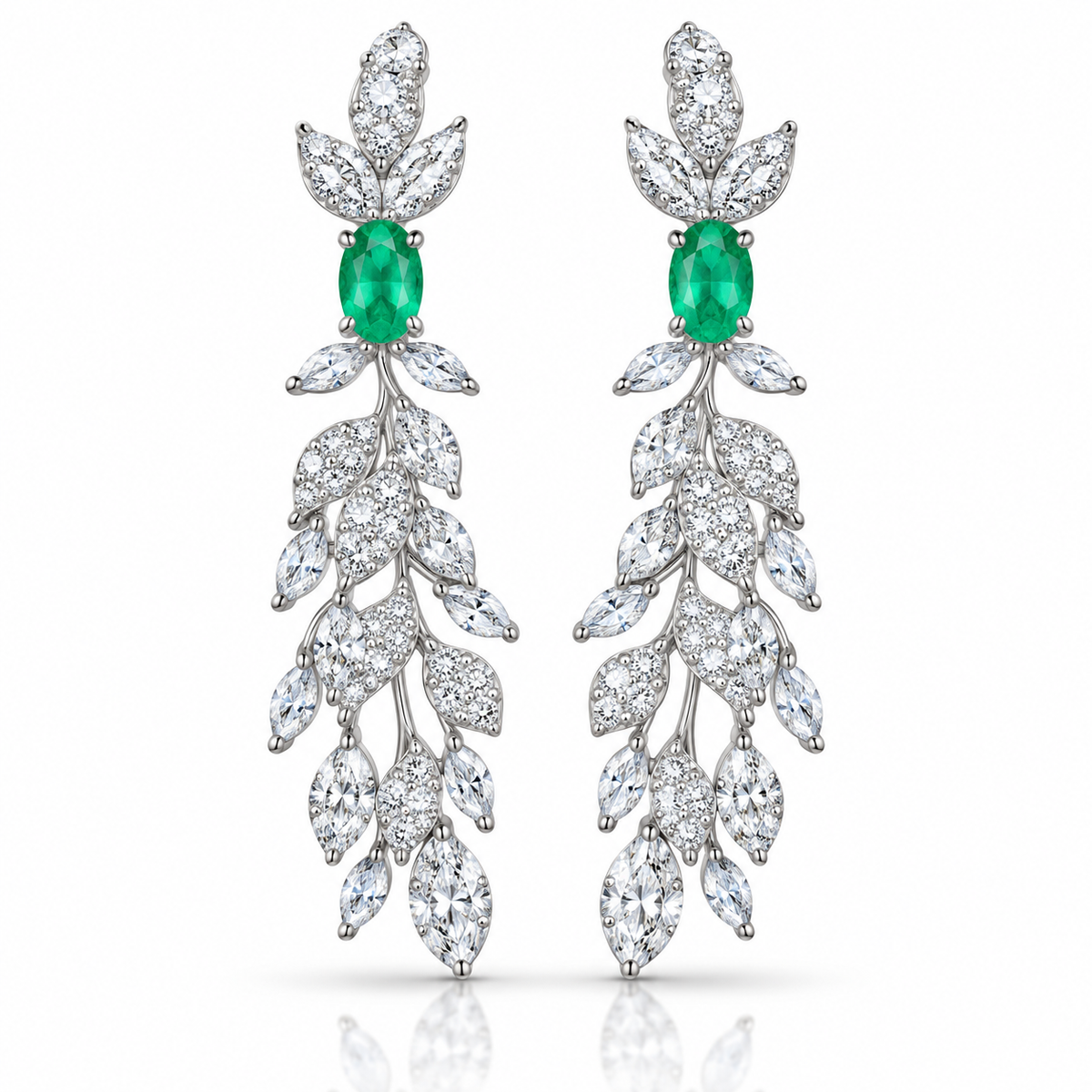 Natural Emerald 4x6mm Oval Leaf Chandelier Dangle Earrings in 925 Sterling Silver