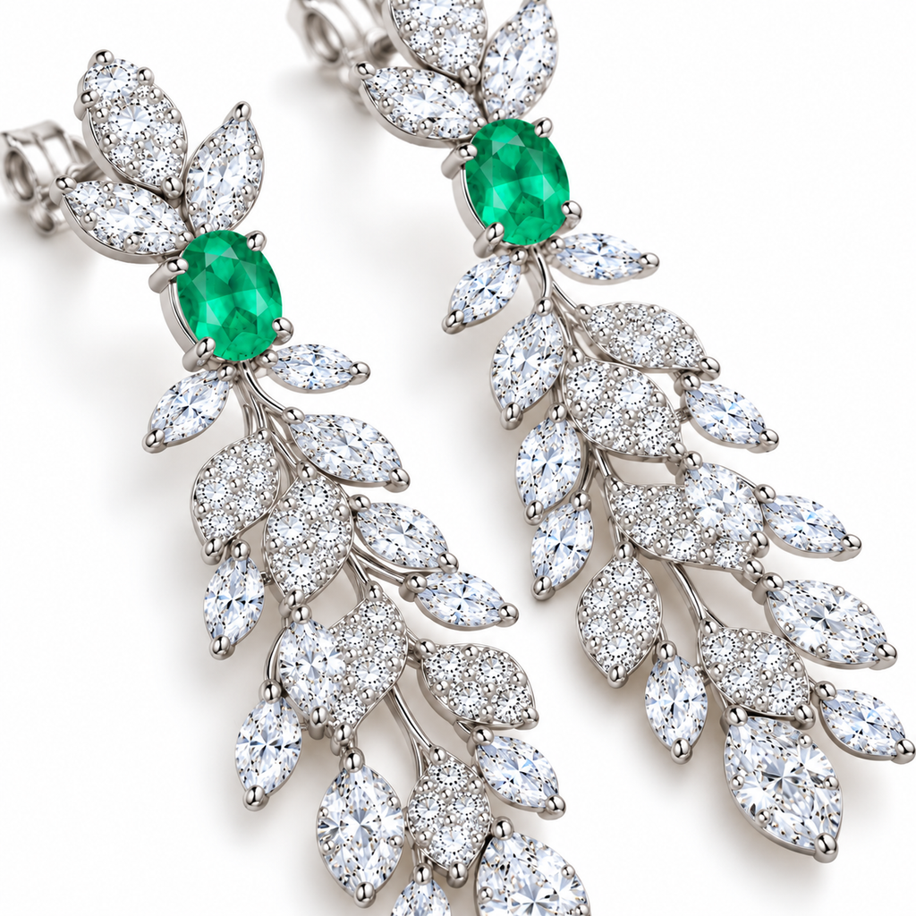 Natural Emerald 4x6mm Oval Leaf Chandelier Dangle Earrings in 925 Sterling Silver