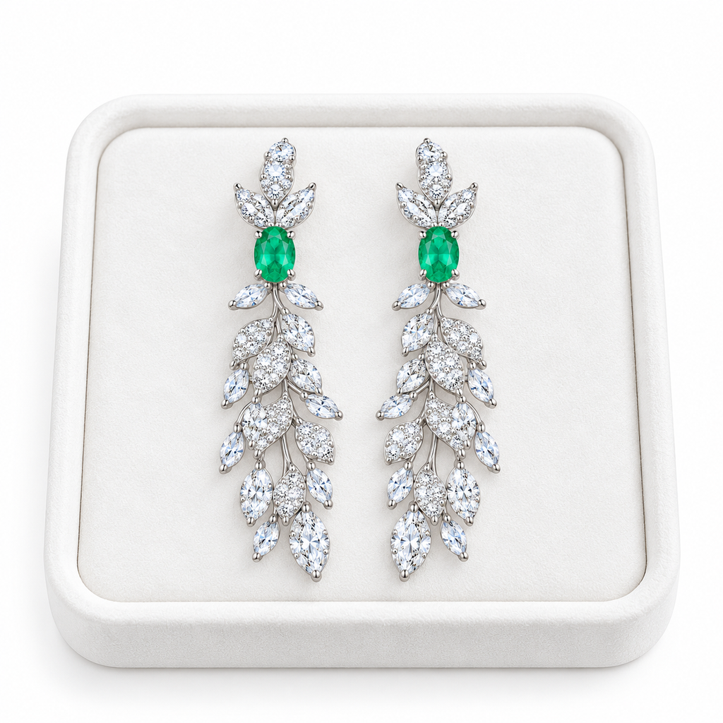 Natural Emerald 4x6mm Oval Leaf Chandelier Dangle Earrings in 925 Sterling Silver
