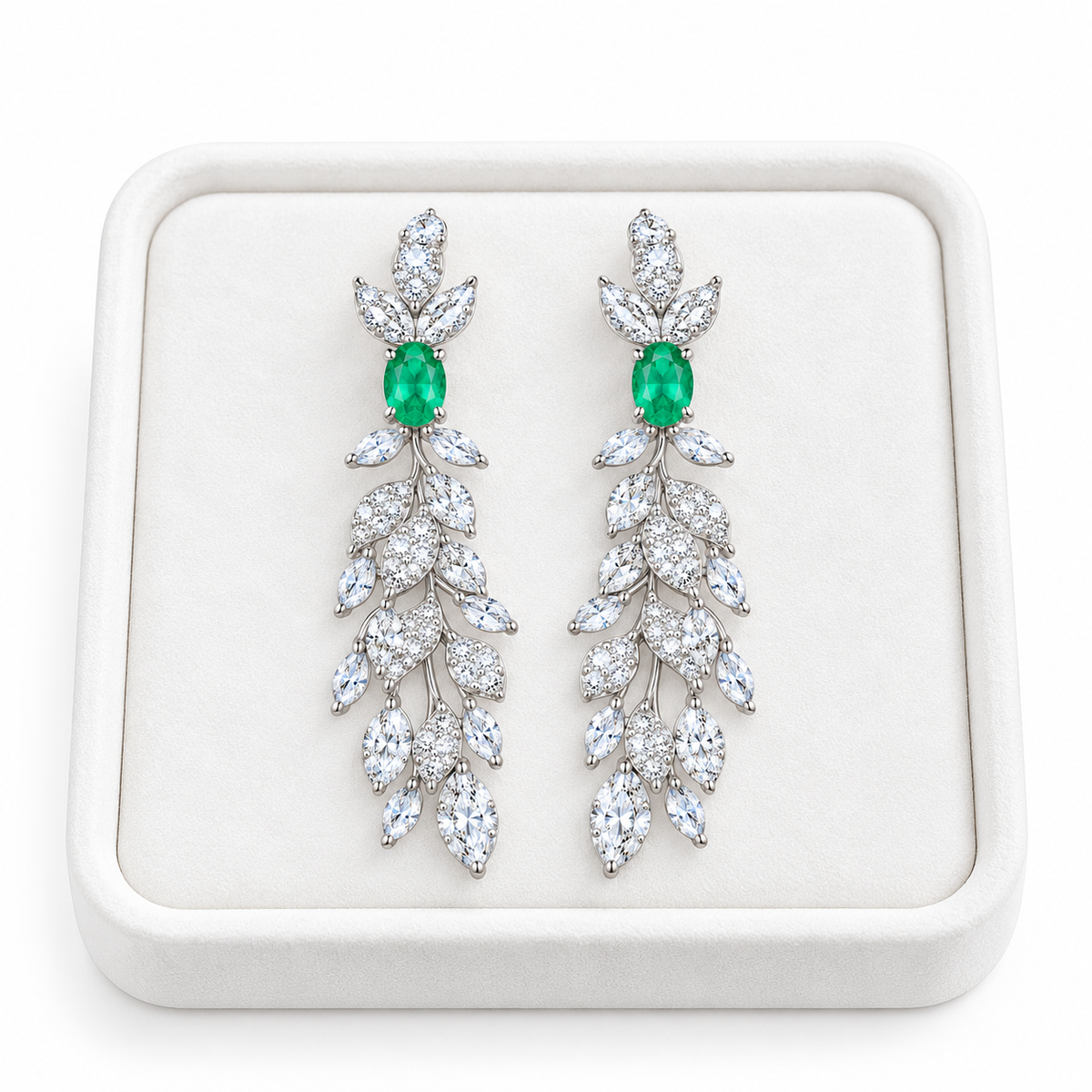 Natural Emerald 4x6mm Oval Leaf Chandelier Dangle Earrings in 925 Sterling Silver