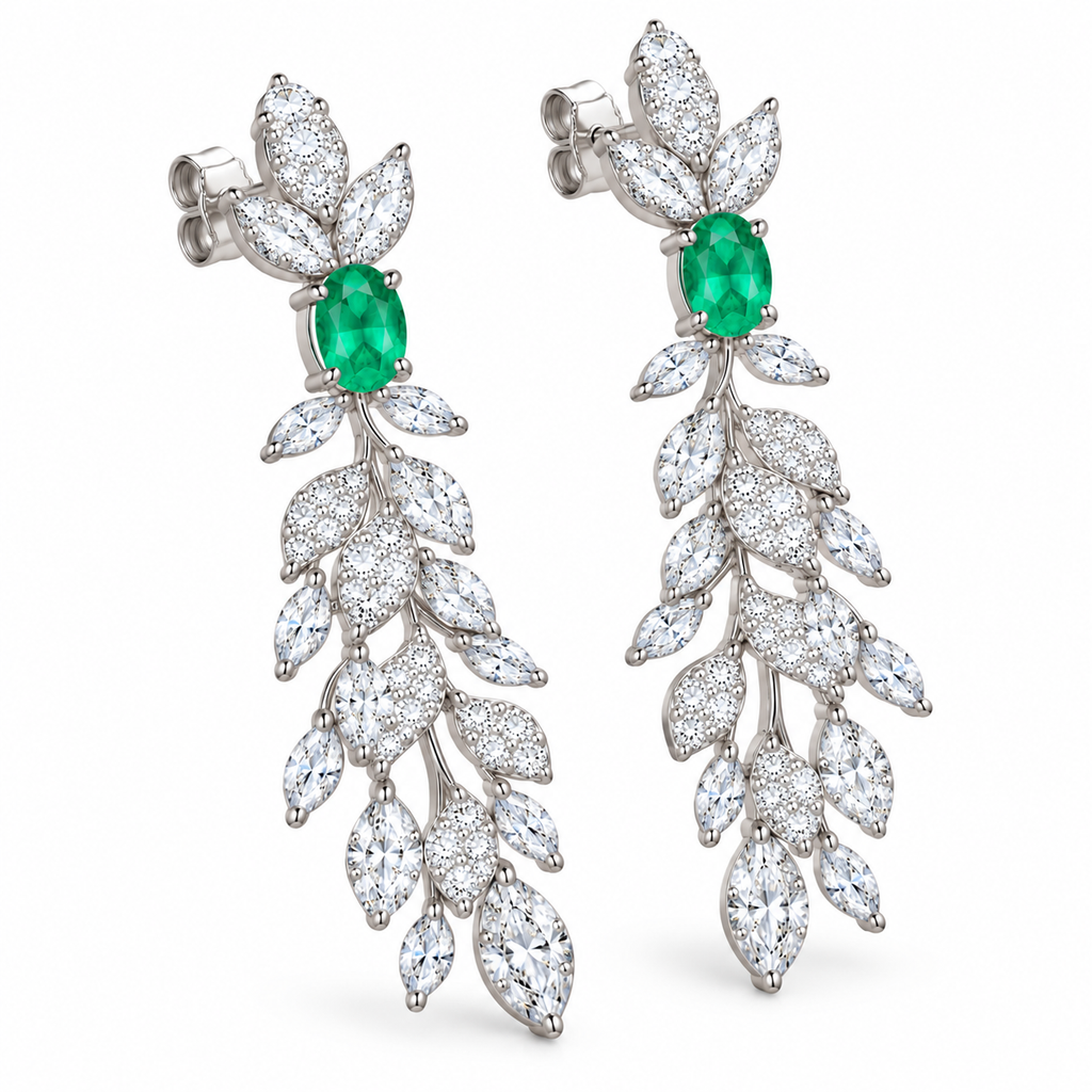 Natural Emerald 4x6mm Oval Leaf Chandelier Dangle Earrings in 925 Sterling Silver