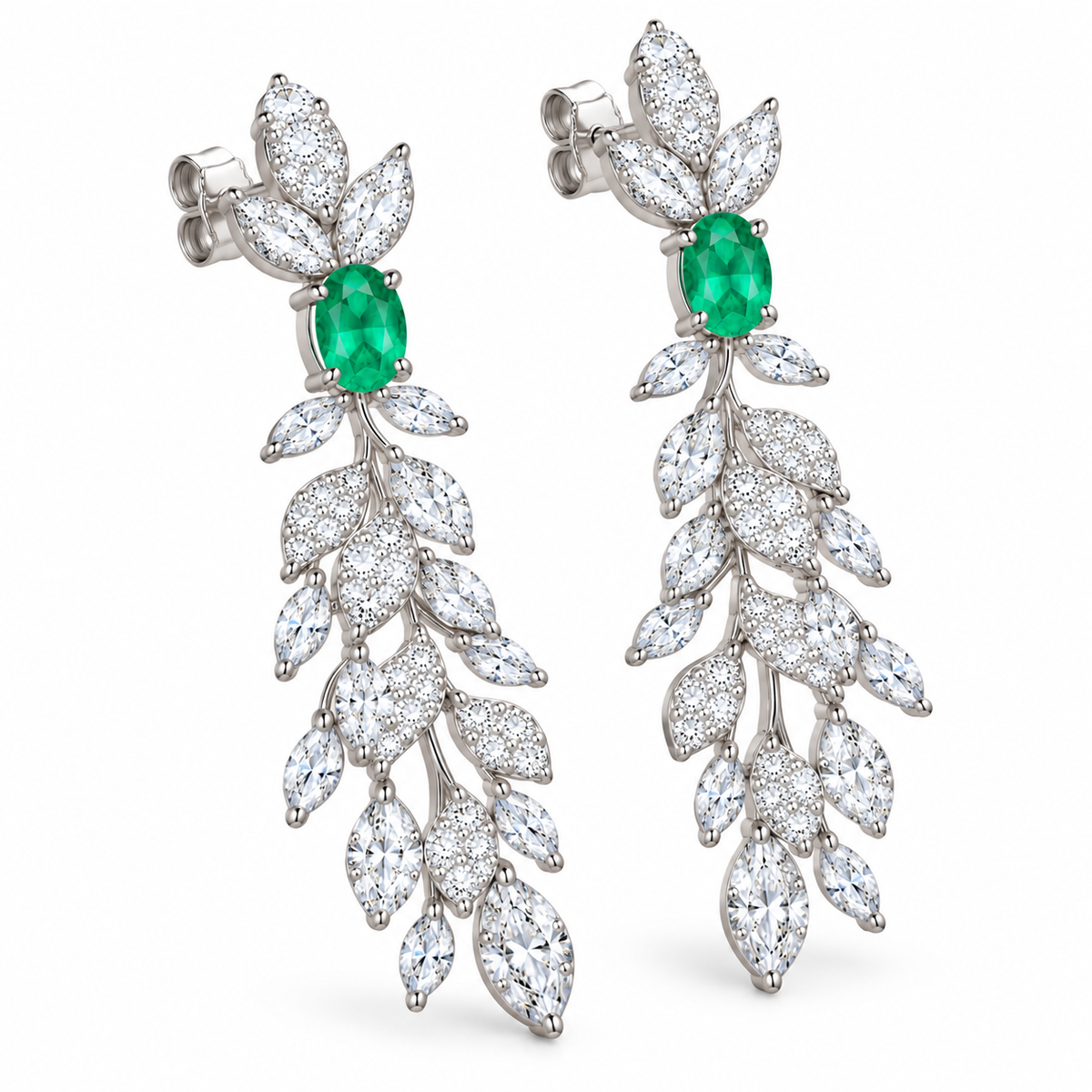 Natural Emerald 4x6mm Oval Leaf Chandelier Dangle Earrings in 925 Sterling Silver