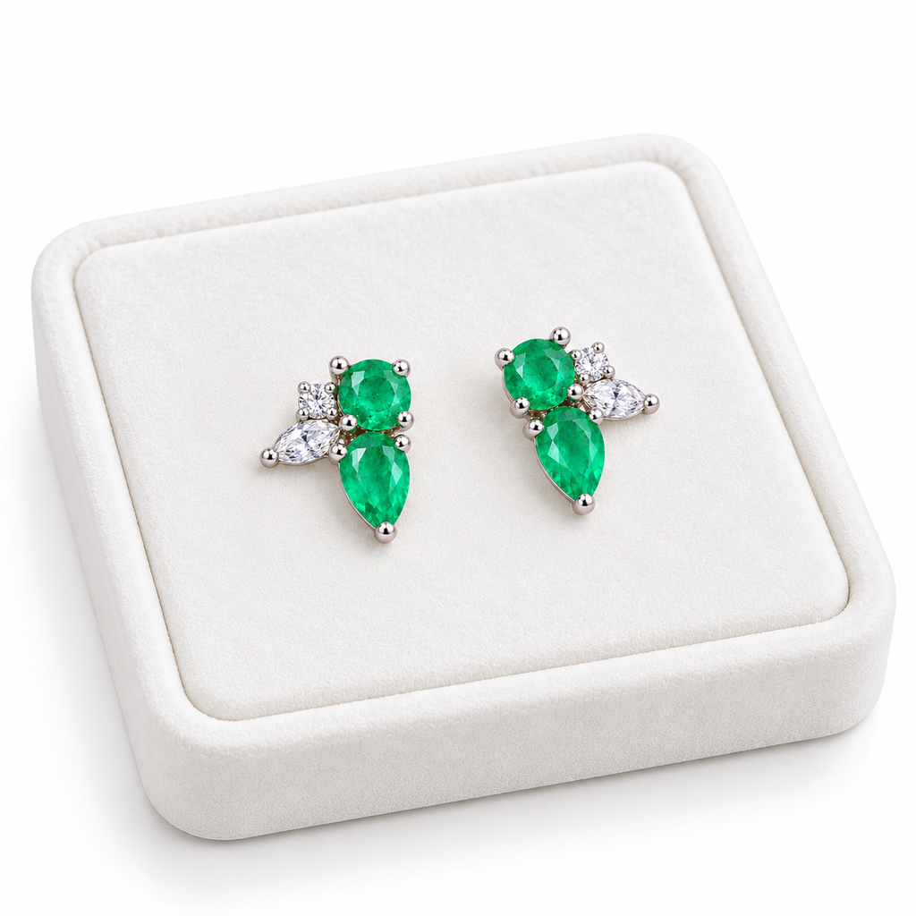 Natural Emerald Round and Pear Cut Floral Stud Earrings in 925 Sterling Silver with CZ