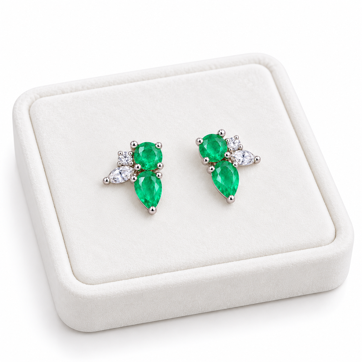 Natural Emerald Round and Pear Cut Floral Stud Earrings in 925 Sterling Silver with CZ
