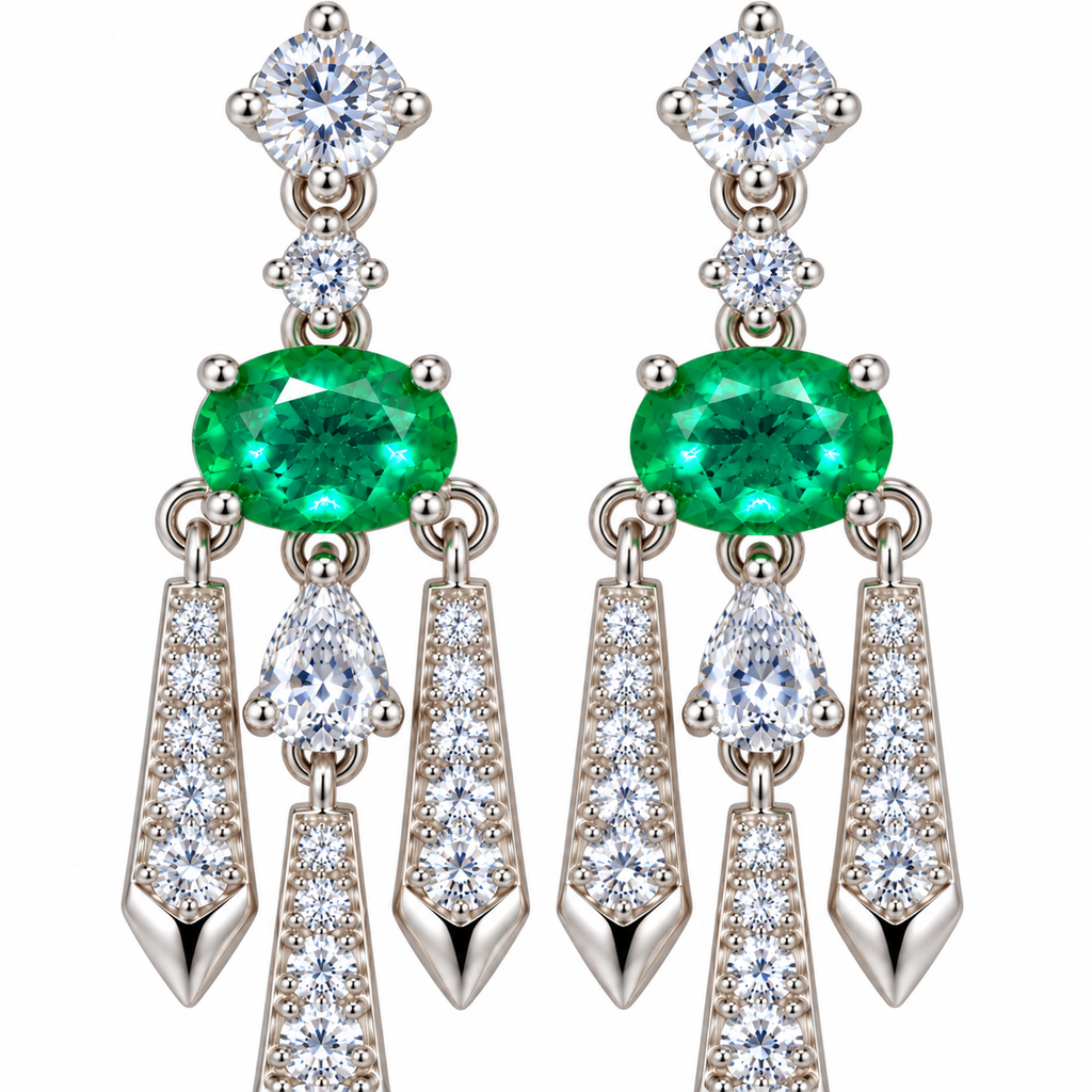 Natural Emerald 4x6mm Oval Chandelier Dangle Earrings in 925 Sterling Silver with CZ