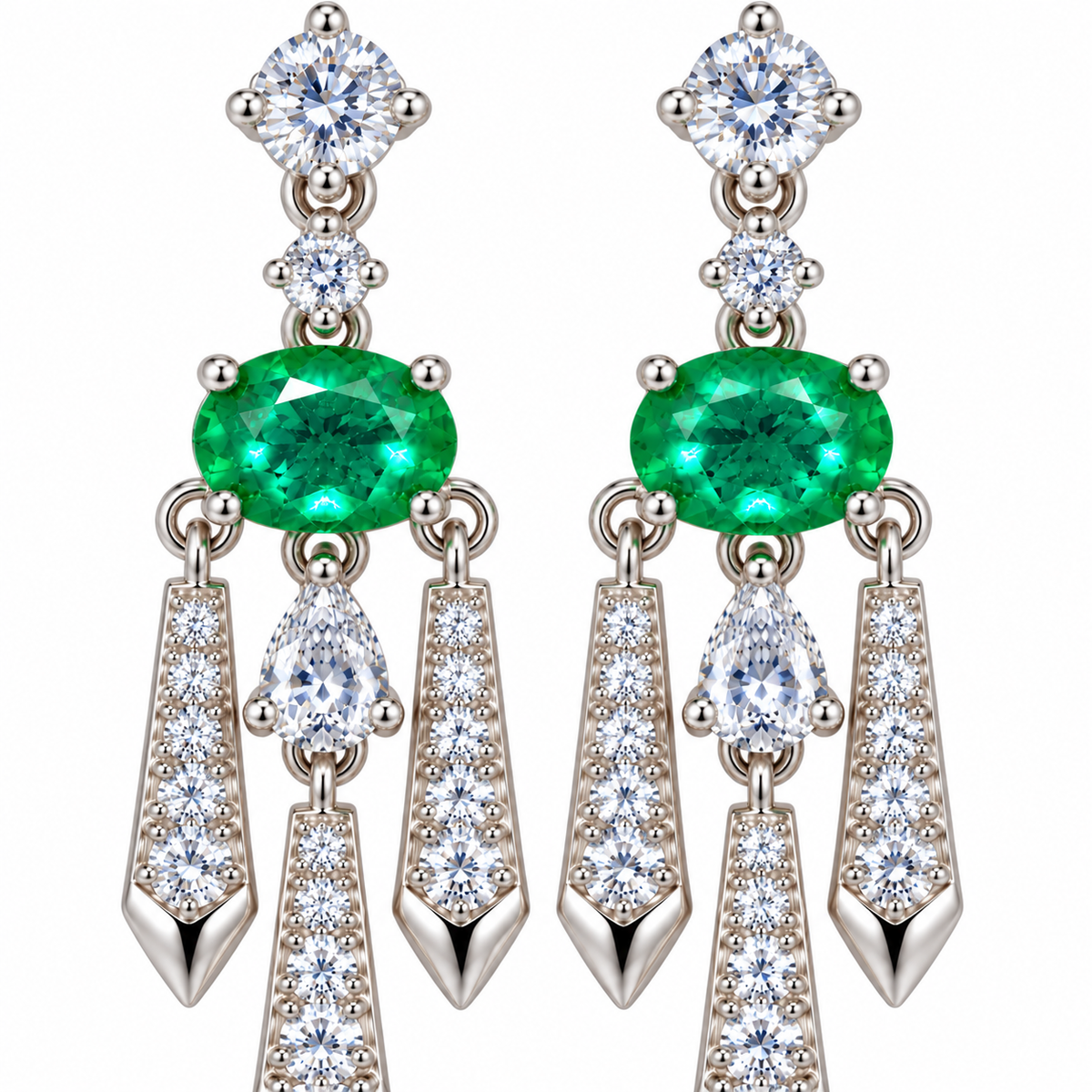 Natural Emerald 4x6mm Oval Chandelier Dangle Earrings in 925 Sterling Silver with CZ