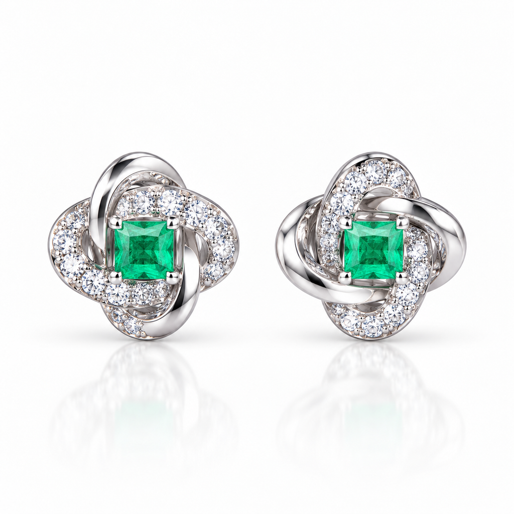 Natural Emerald 3mm Square Cut Clover Knot Stud Earrings in 925 Sterling Silver