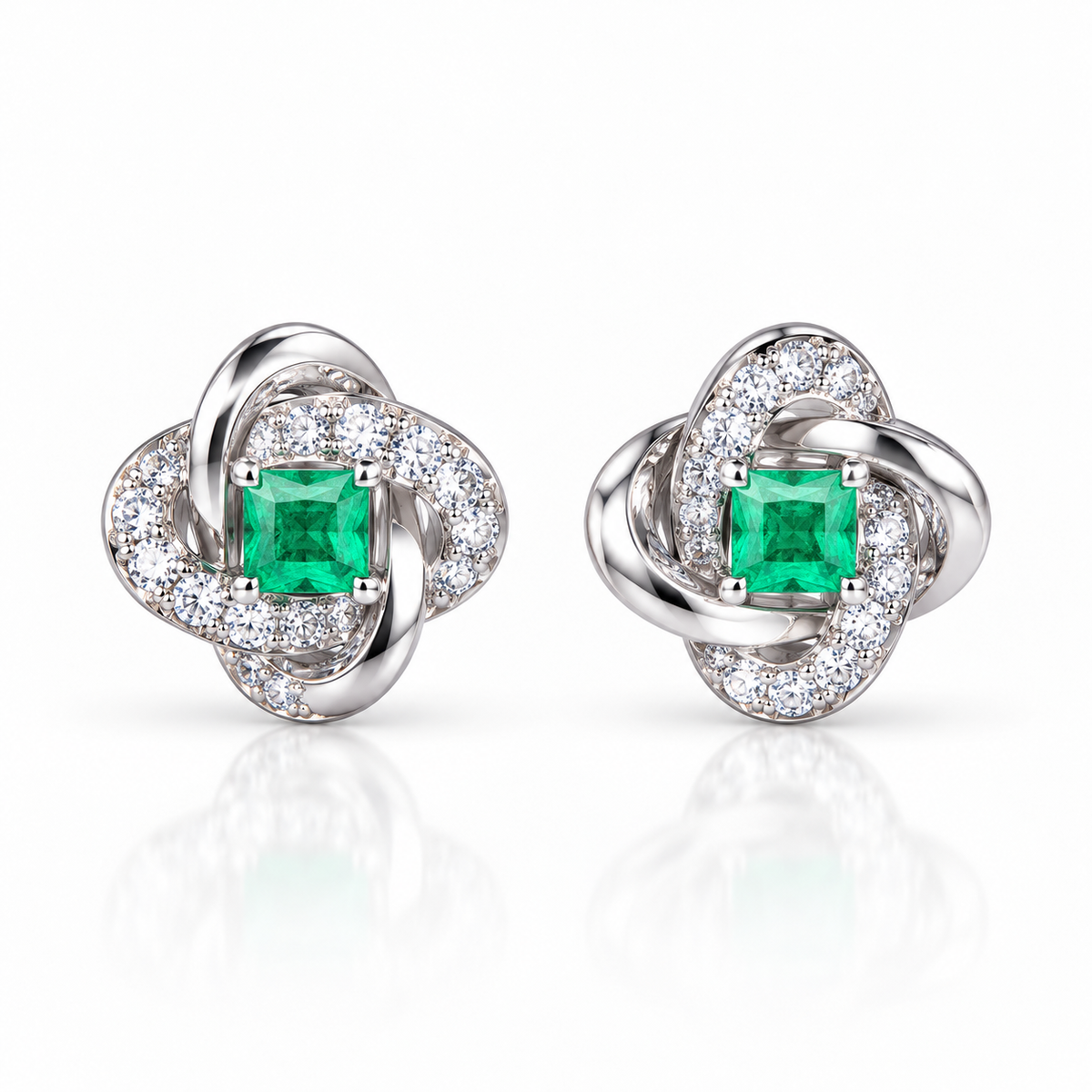 Natural Emerald 3mm Square Cut Clover Knot Stud Earrings in 925 Sterling Silver