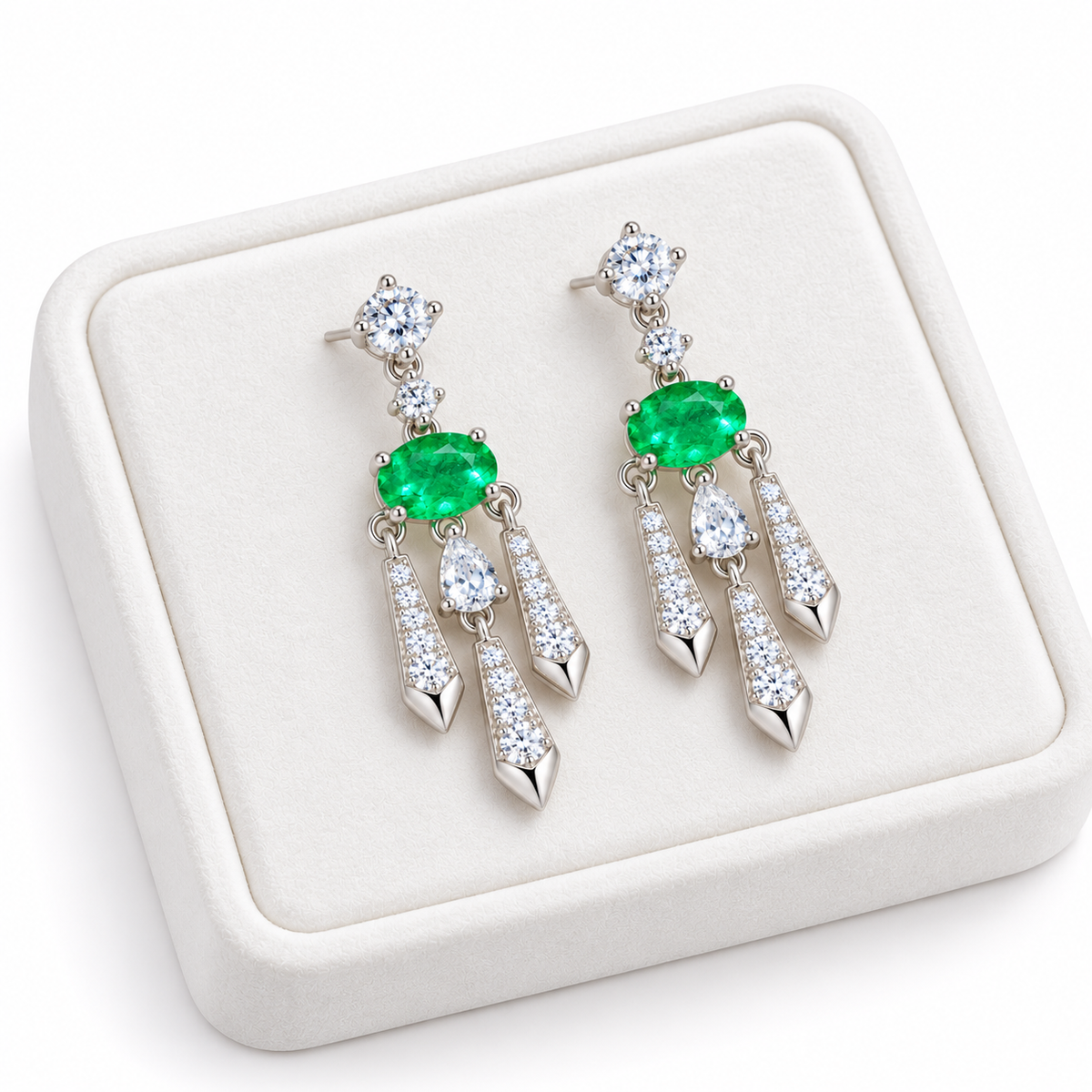 Natural Emerald 4x6mm Oval Chandelier Dangle Earrings in 925 Sterling Silver with CZ