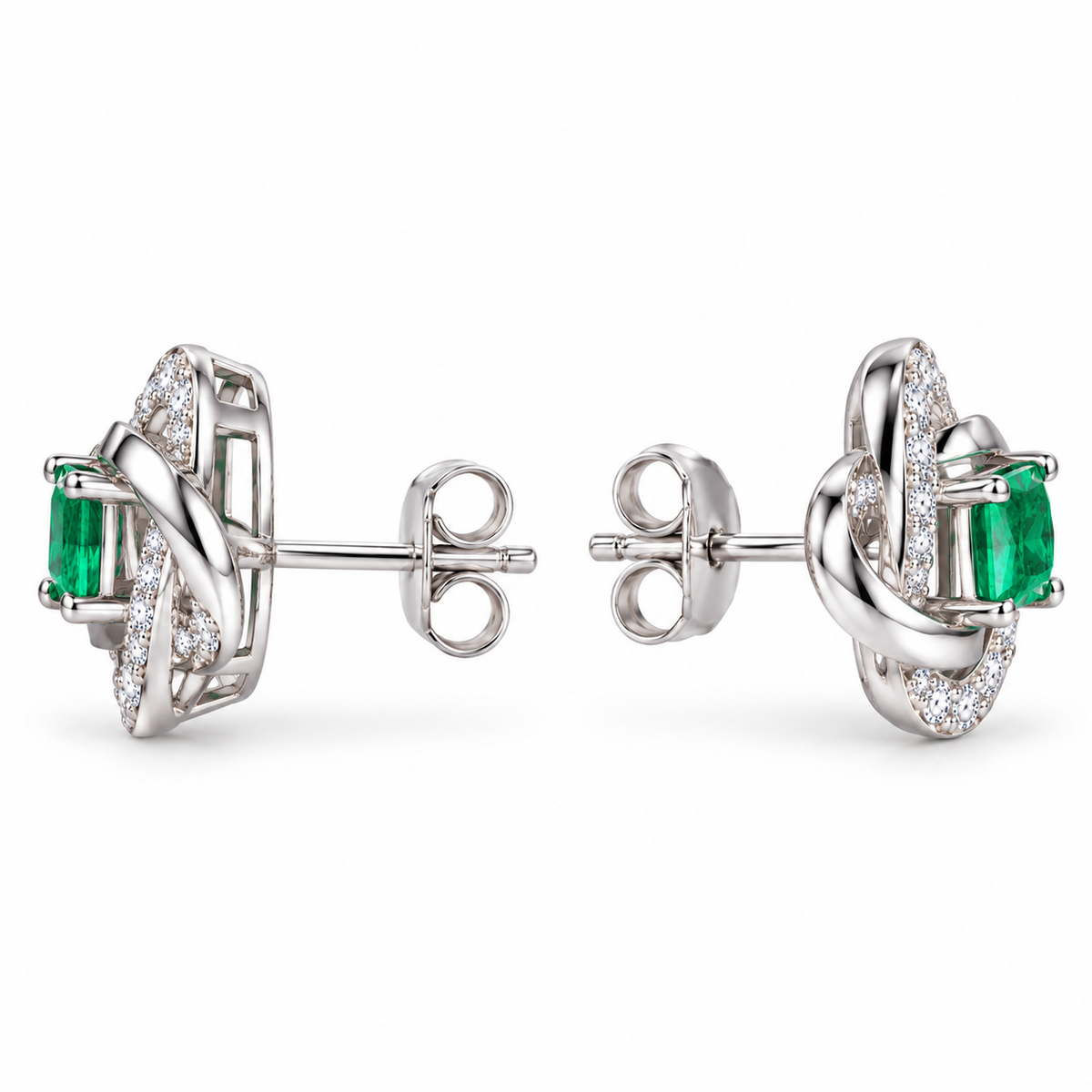 Natural Emerald 3mm Square Cut Clover Knot Stud Earrings in 925 Sterling Silver