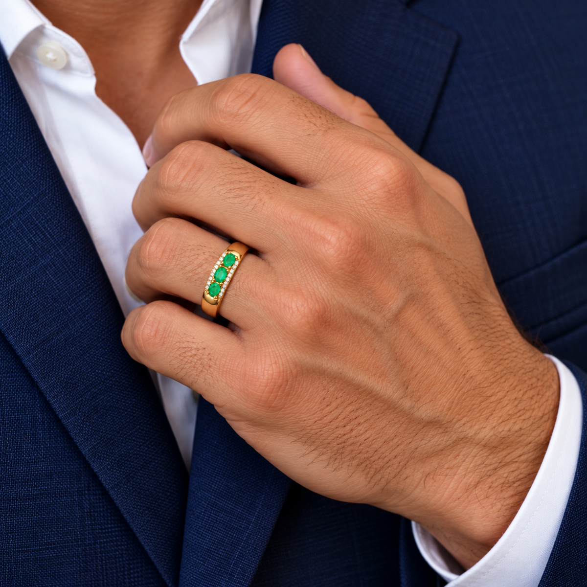 Men's Natural Colombian Emerald Three-Stone Band Ring in 925 Sterling Silver – 3×4mm Oval Emeralds