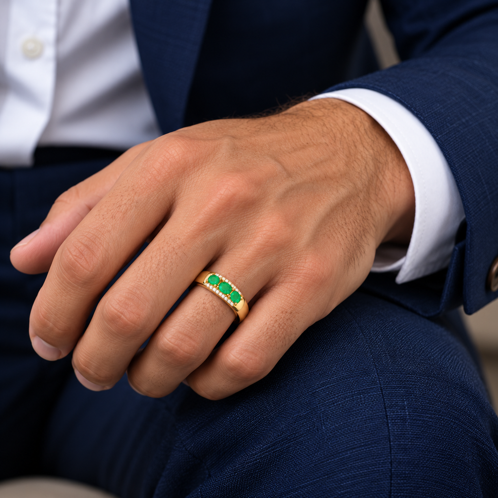 Men's Natural Colombian Emerald Three-Stone Band Ring in 925 Sterling Silver – 3×4mm Oval Emeralds