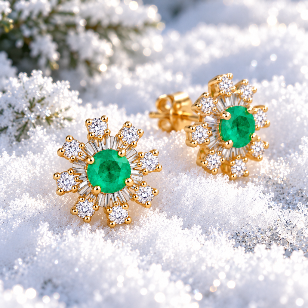 Natural Emerald 3mm Round Snowflake Stud Earrings with CZ in 925 Sterling Silver