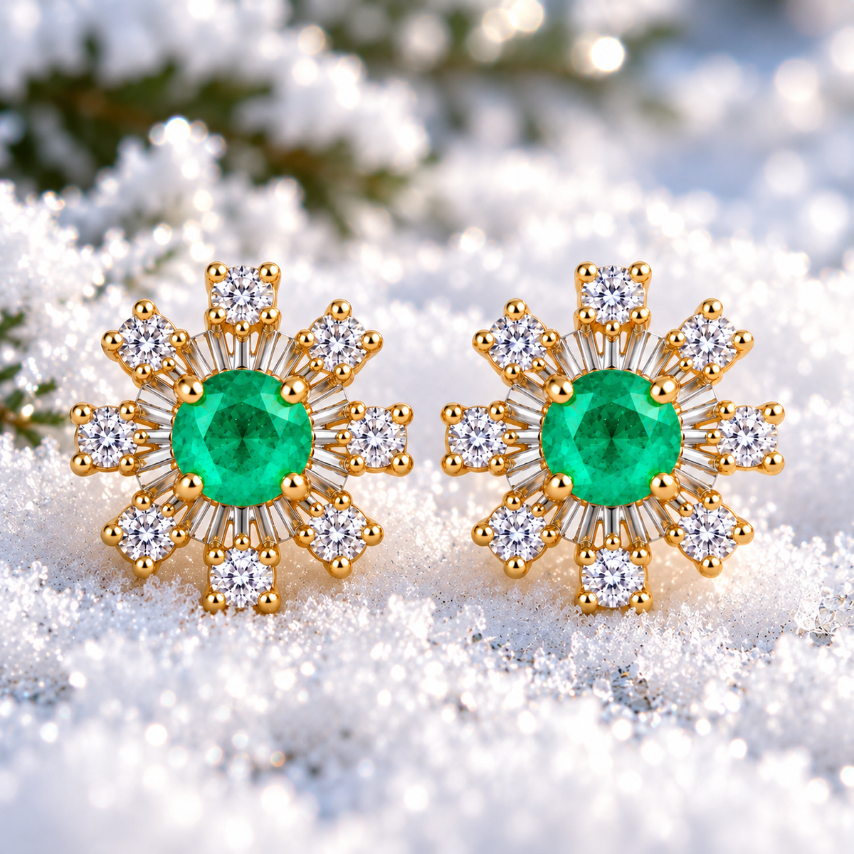 Natural Emerald 3mm Round Snowflake Stud Earrings with CZ in 925 Sterling Silver
