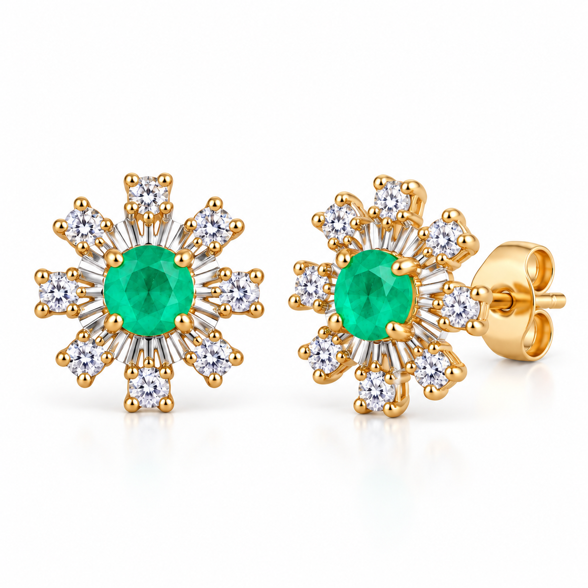 Natural Emerald 3mm Round Snowflake Stud Earrings with CZ in 925 Sterling Silver