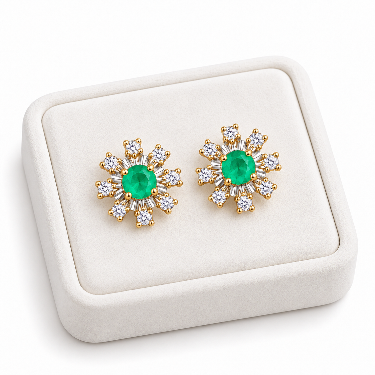 Natural Emerald 3mm Round Snowflake Stud Earrings with CZ in 925 Sterling Silver