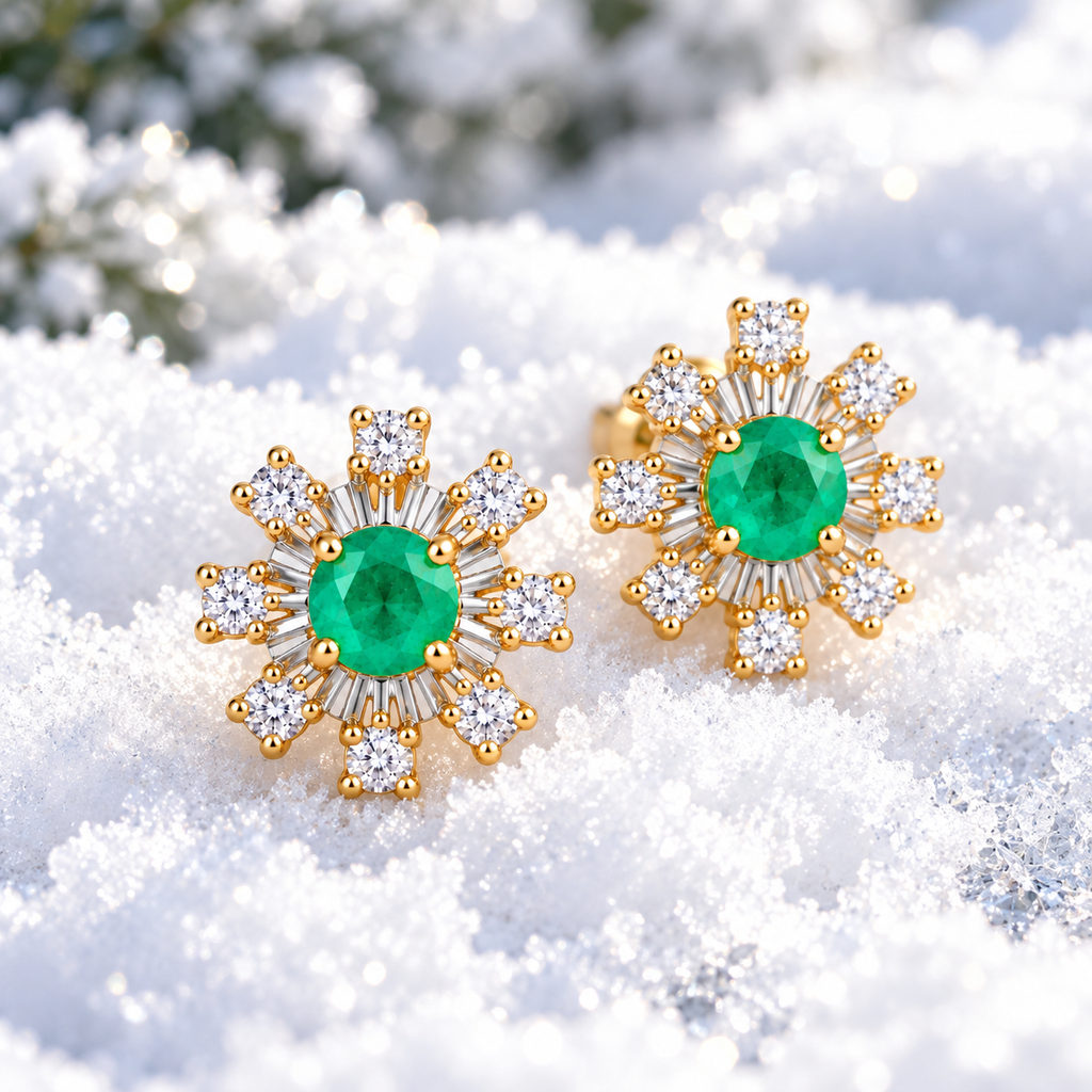 Natural Emerald 3mm Round Snowflake Stud Earrings with CZ in 925 Sterling Silver