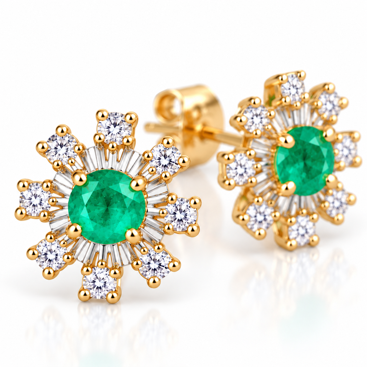 Natural Emerald 3mm Round Snowflake Stud Earrings with CZ in 925 Sterling Silver