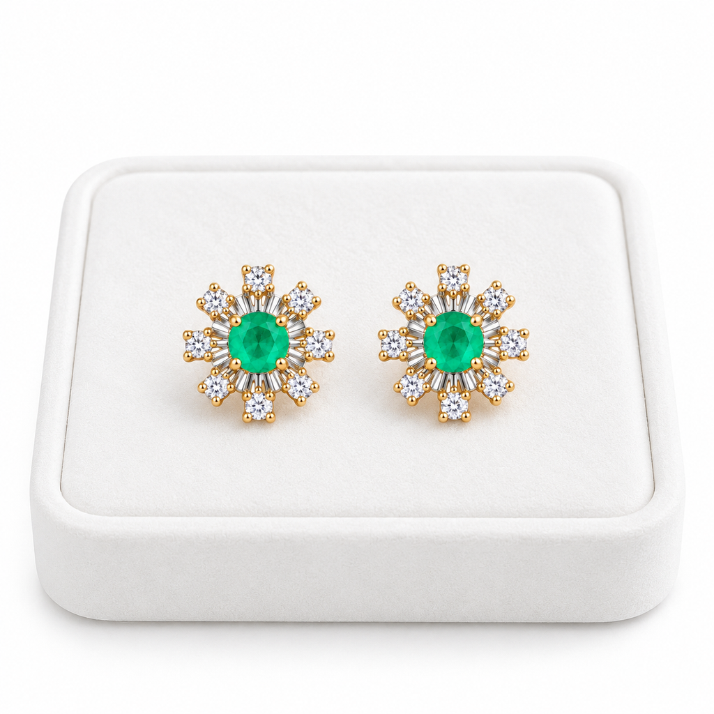 Natural Emerald 3mm Round Snowflake Stud Earrings with CZ in 925 Sterling Silver