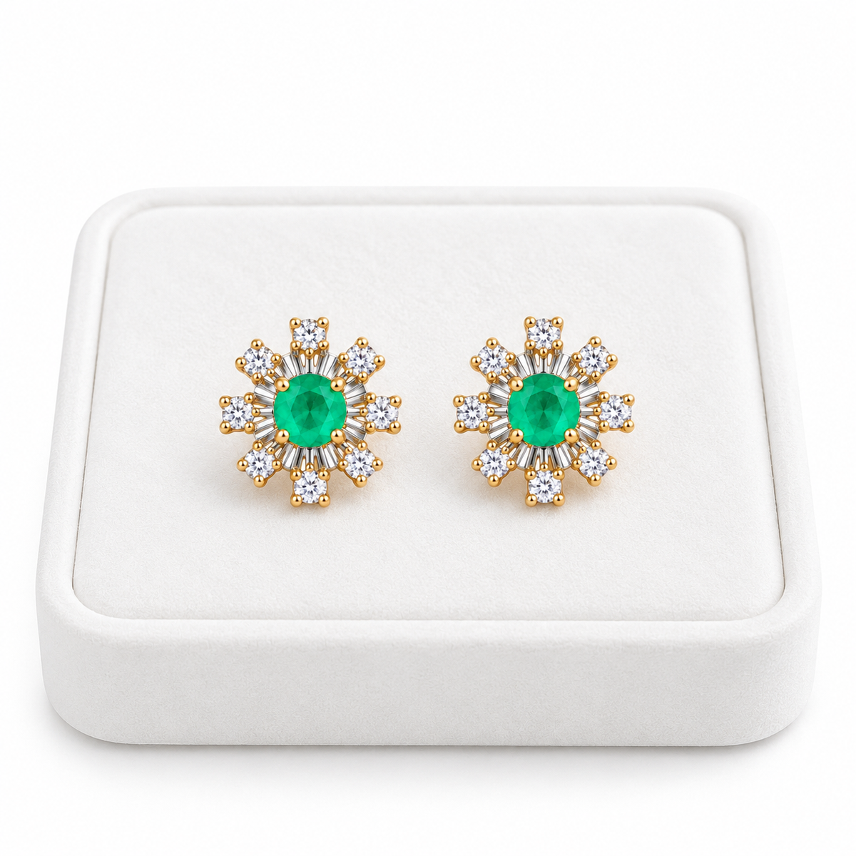 Natural Emerald 3mm Round Snowflake Stud Earrings with CZ in 925 Sterling Silver