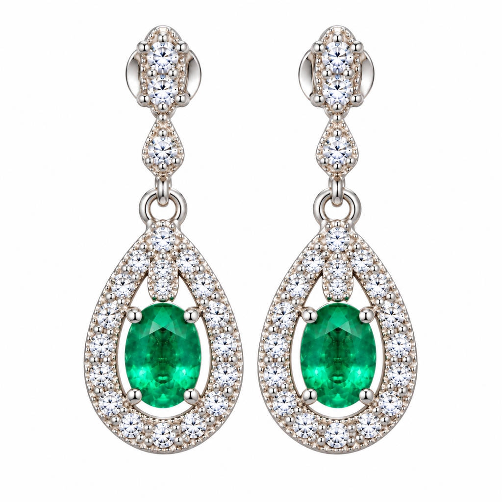 Natural Emerald 4x5mm Oval Teardrop Halo Dangle Earrings in 925 Sterling Silver with CZ