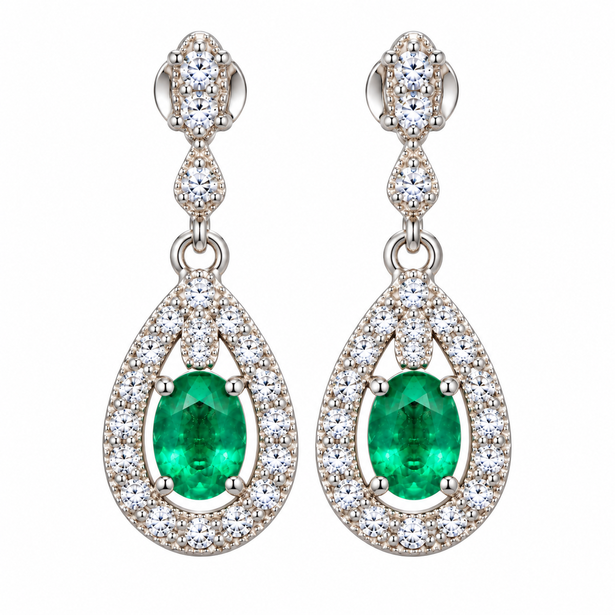 Natural Emerald 4x5mm Oval Teardrop Halo Dangle Earrings in 925 Sterling Silver with CZ