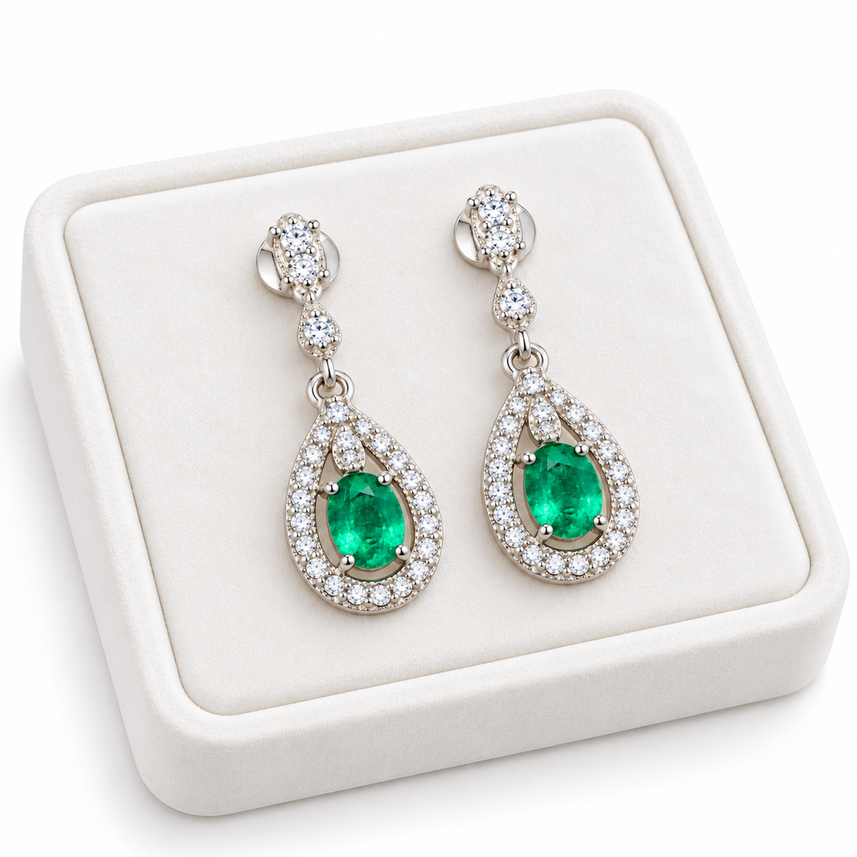 Natural Emerald 4x5mm Oval Teardrop Halo Dangle Earrings in 925 Sterling Silver with CZ